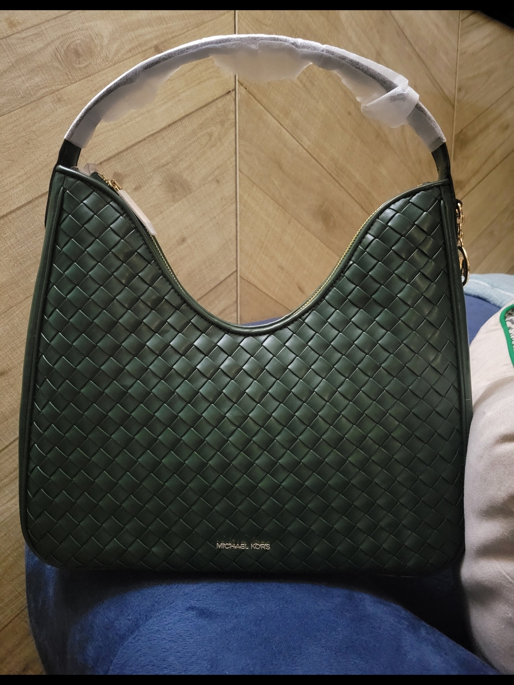 Michael Kors Nayla Moss Green Medium Woven Shoulder Bag